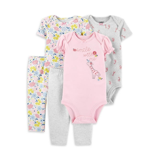 NWT Child Mine,Carters Baby Girl BODYSUIT 3p Set GIRAFFE Pink//Floral//Grey SMILE